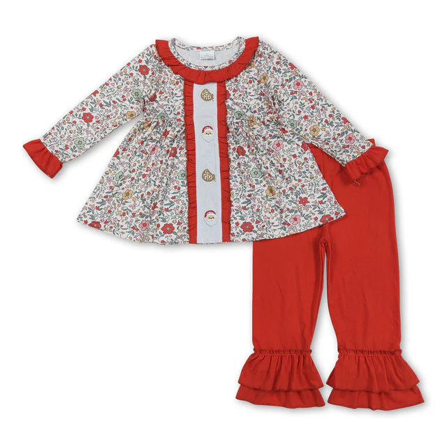 RTS NO MOQ Sibling milk silk Baby Girls Santa Print Checkered Tunic With Ruffle Pants Two Piece Set
