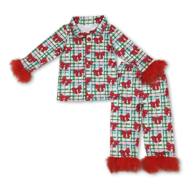 RTS NO MOQ Sibling milk silk Baby Girls Pink Fur Gingerbread Button Top Pants Christmas Pajamas Set