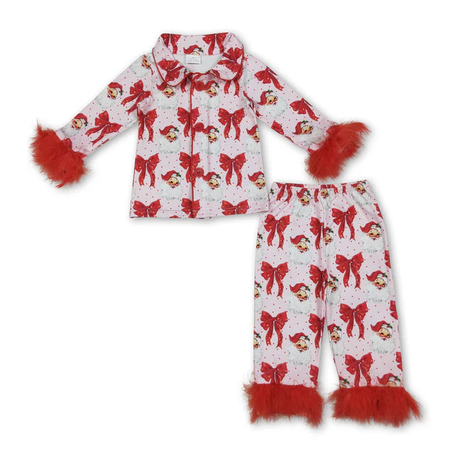 RTS NO MOQ Sibling milk silk Baby Girls Pink Fur Gingerbread Button Top Pants Christmas Pajamas Set
