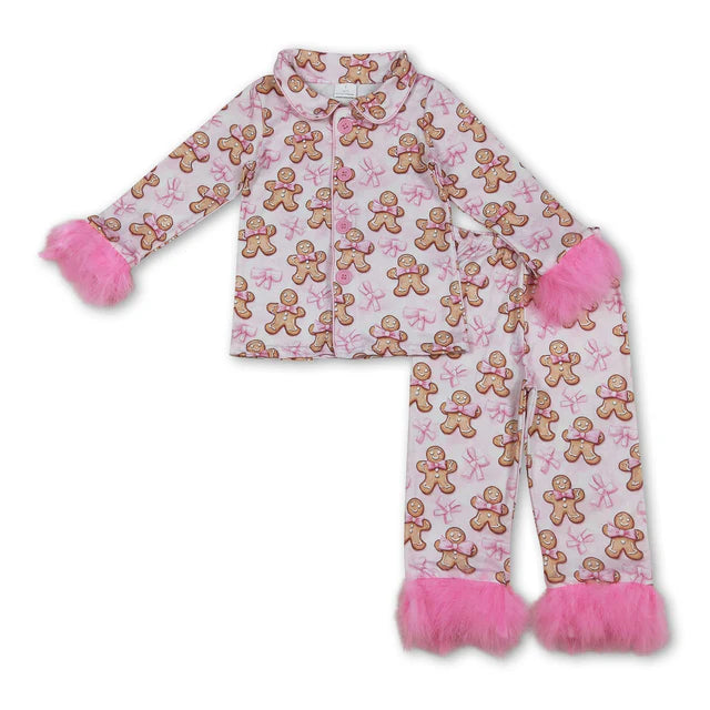 RTS NO MOQ Sibling milk silk Baby Girls Pink Fur Gingerbread Button Top Pants Christmas Pajamas Set