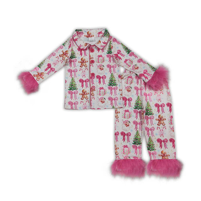 RTS Sibling Baby Girls Sister Christmas Bows Santa Buttons Top Pants Fur Pajamas Clothes Sets