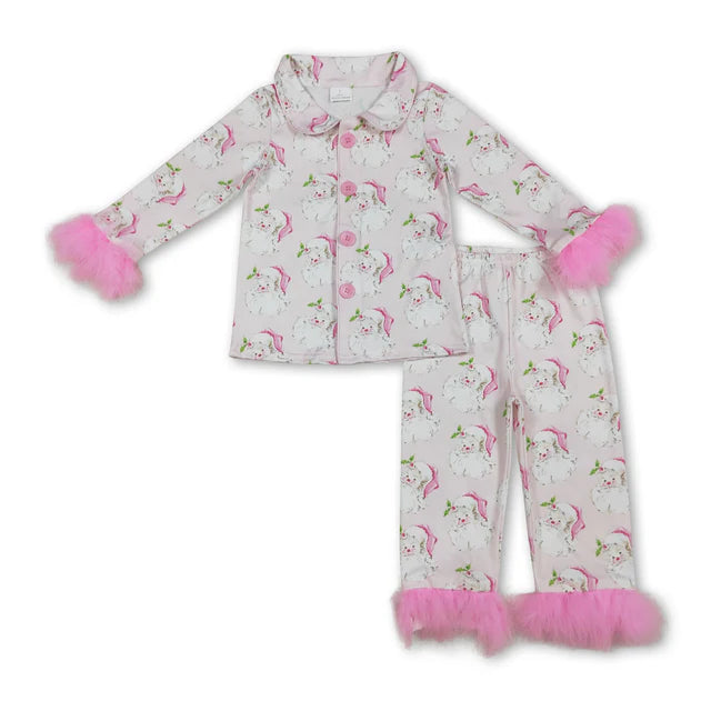 RTS NO MOQ Sibling milk silk Baby Girls Pink Fur Gingerbread Button Top Pants Christmas Pajamas Set