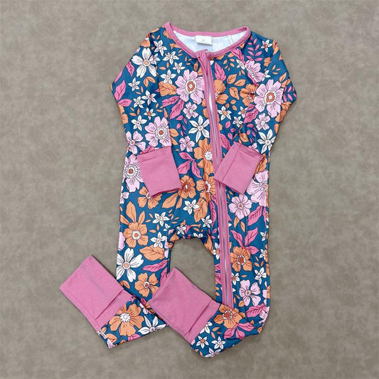 RTS NO MOQ（In Stock) LR2244 Pink and green floral and leaf long-sleeved zip-up bodysuit