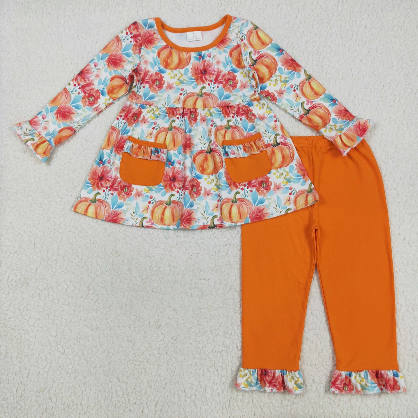RTS NO MOQ Sibling milk silk Baby Girls Flowers Pumpkins Clothes Sets Hoodie