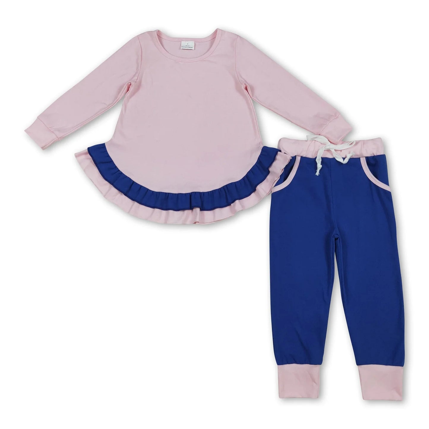 RTS NO MOQ Sibling cotton Baby Girls Solid Color Ruffle Long Sleeve Top With Pockets And Leggings Set