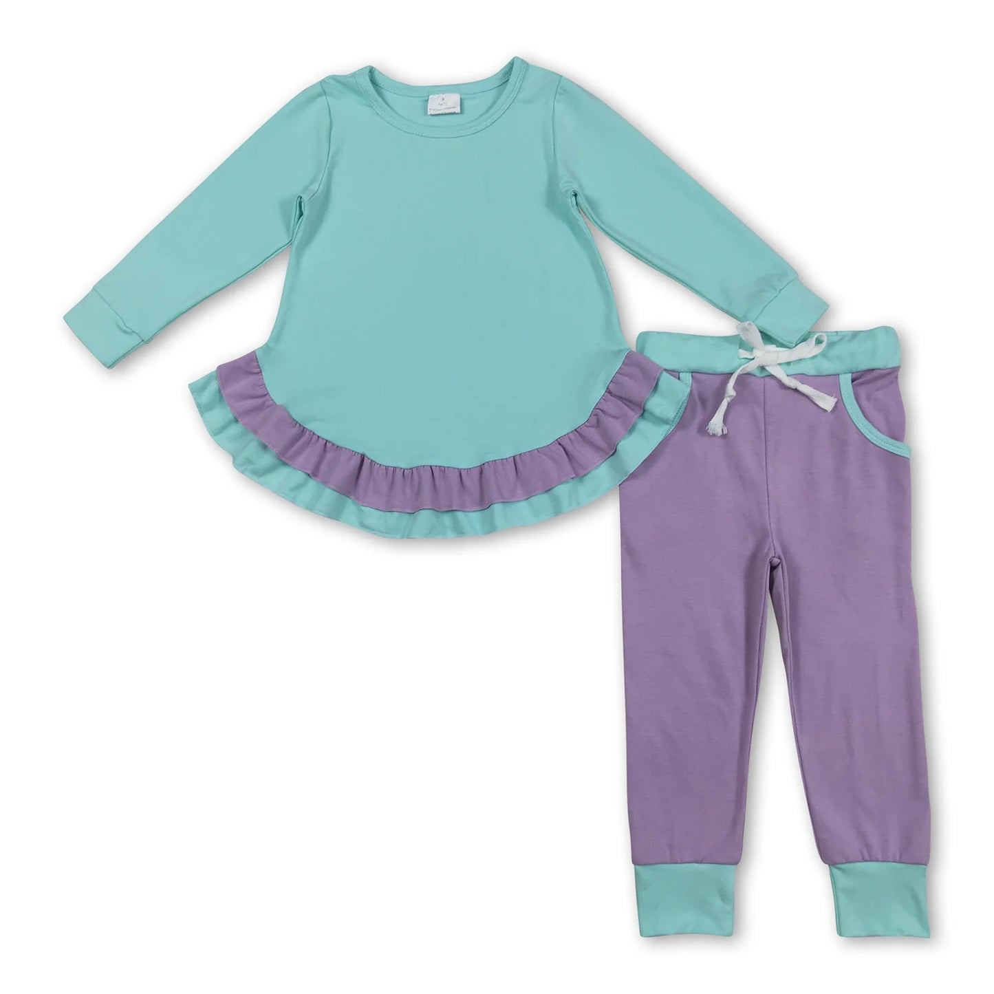 RTS NO MOQ Sibling cotton Baby Girls Solid Color Ruffle Long Sleeve Top With Pockets And Leggings Set