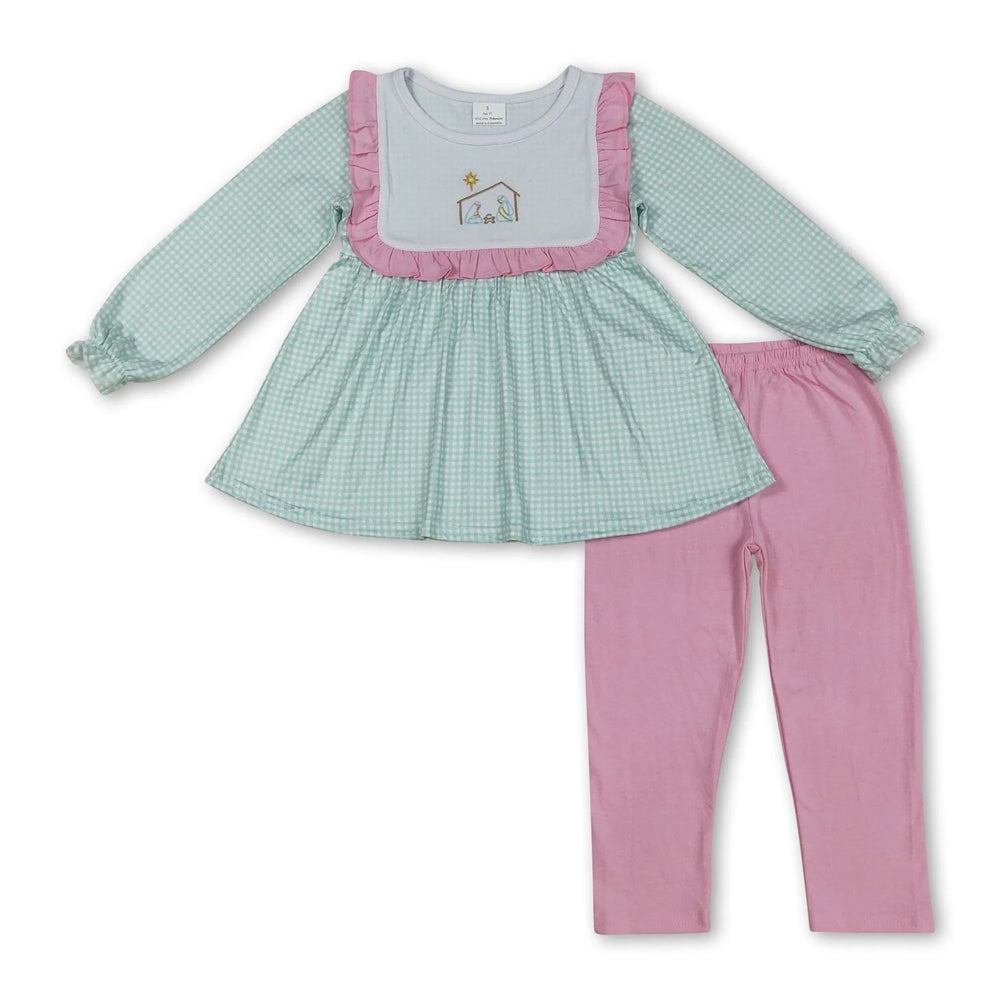 RTS NO MOQ Sibling milk silk Baby Girls Cute Tree Bow Tunic Ruffle Pants Holiday Set