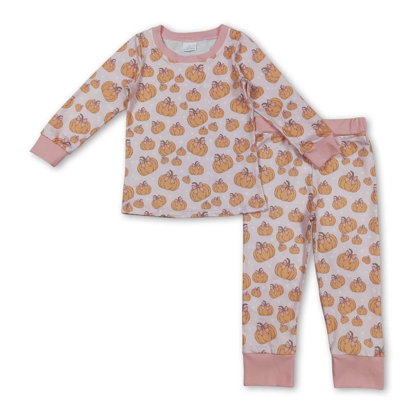 RTS NO MOQ Sibling milk silk Baby Girls Cute Colorful Bows Pumpkins Long Sleeve Top And Pants Fall Sleep Set