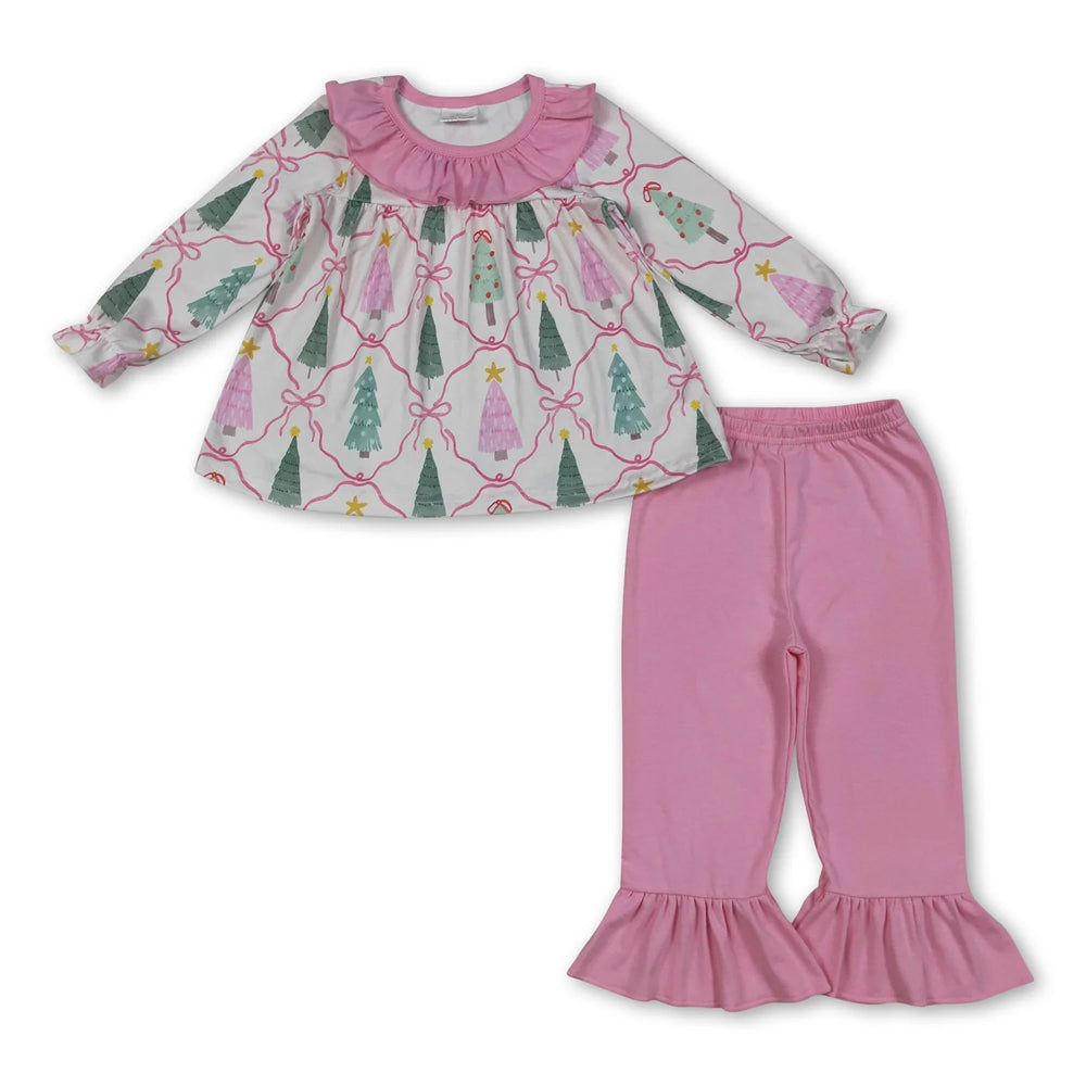 RTS NO MOQ Sibling milk silk Baby Girls Cute Tree Bow Tunic Ruffle Pants Holiday Set
