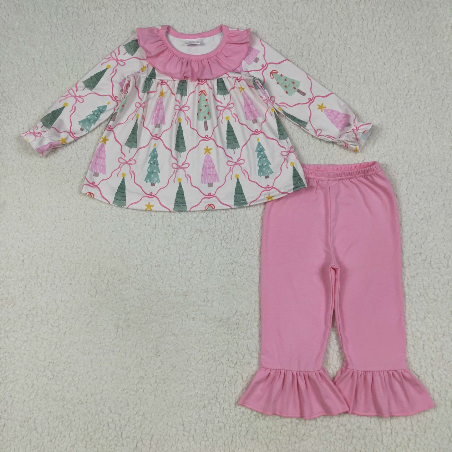 RTS NO MOQ（In Stock ) GLP2420 Christmas tree bow pattern pink lace beige long-sleeved trousers set