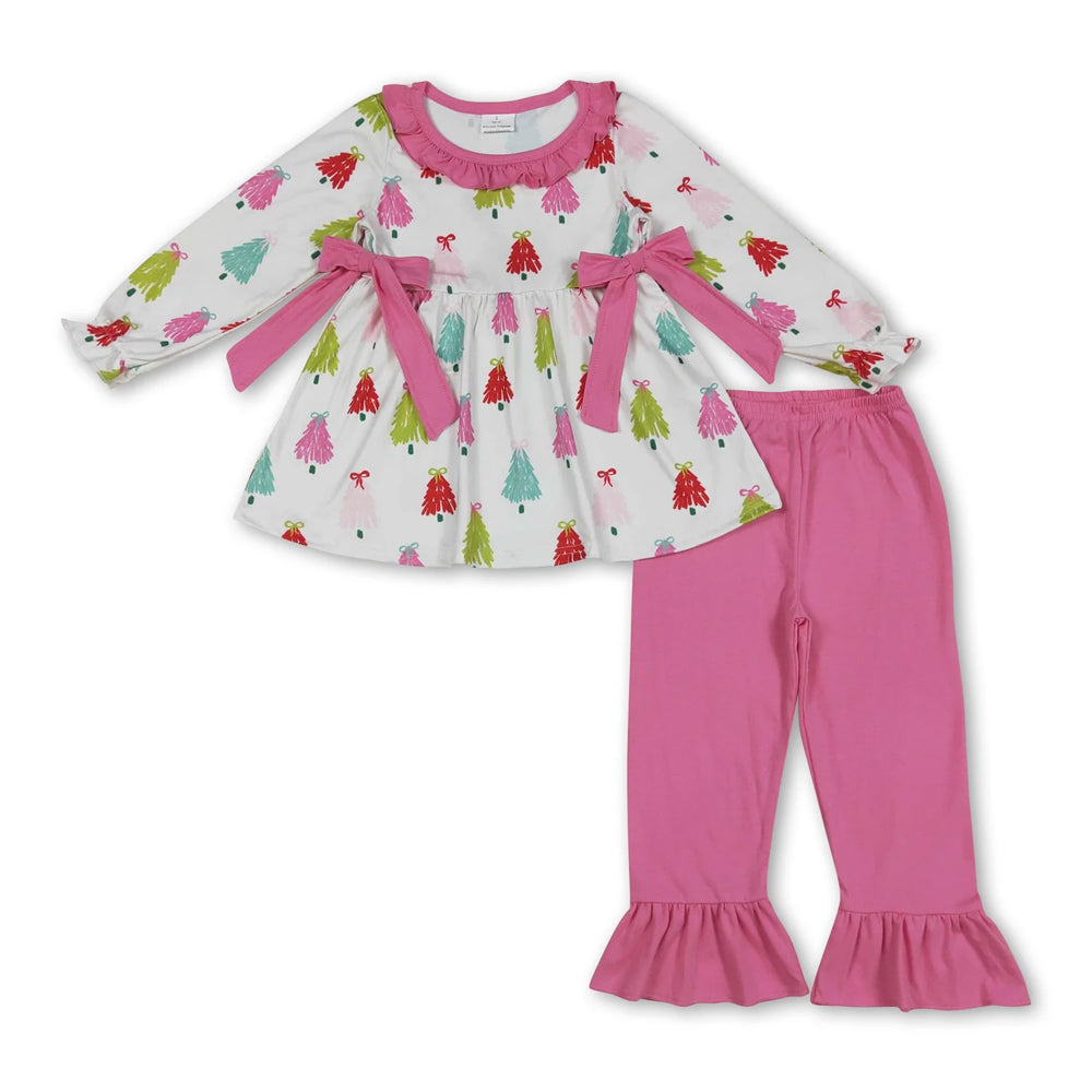 RTS NO MOQ Sibling milk silk Baby Girls Cute Tree Bow Tunic Ruffle Pants Holiday Set