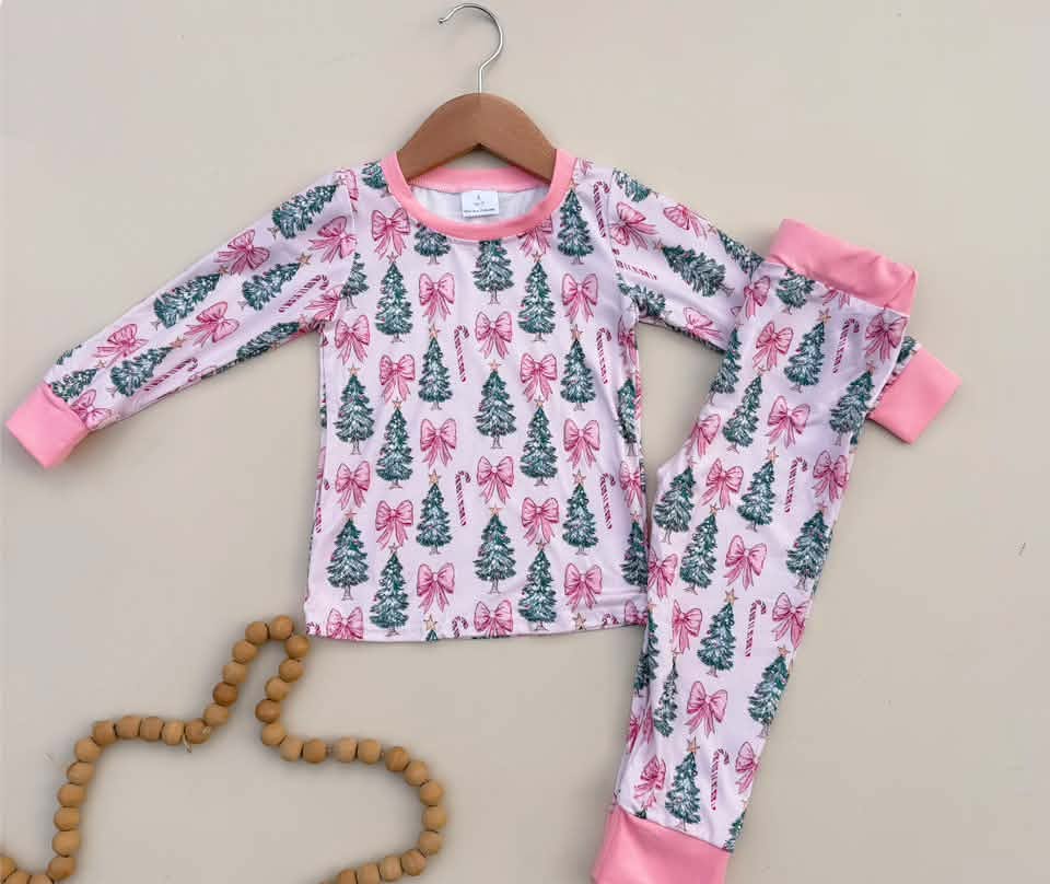 RTS NO MOQ Sibling milk silk Baby Girls Bow Print Top Pants Two Piece Christmas Clothes Set