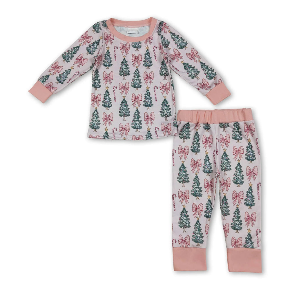 RTS NO MOQ Sibling milk silk Baby Girls Red Bow Santa Print Checked Top Pants Two Piece Christmas Clothes Set