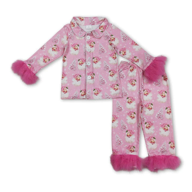 RTS NO MOQ Sibling milk silk Baby Girls Pink Fur Gingerbread Button Top Pants Christmas Pajamas Set