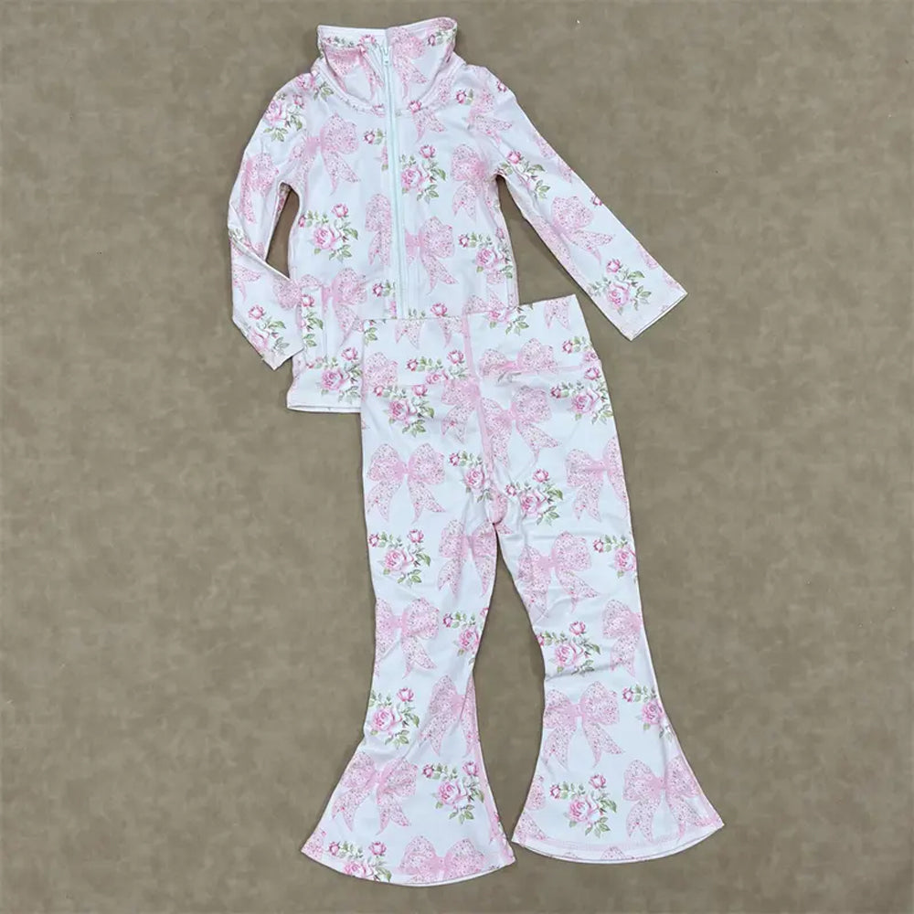RTS NO MOQ（In Stock) GT1075+P0768 Pink yoga zipper long-sleeved top with floral flower, leaf and bow pattern pant set