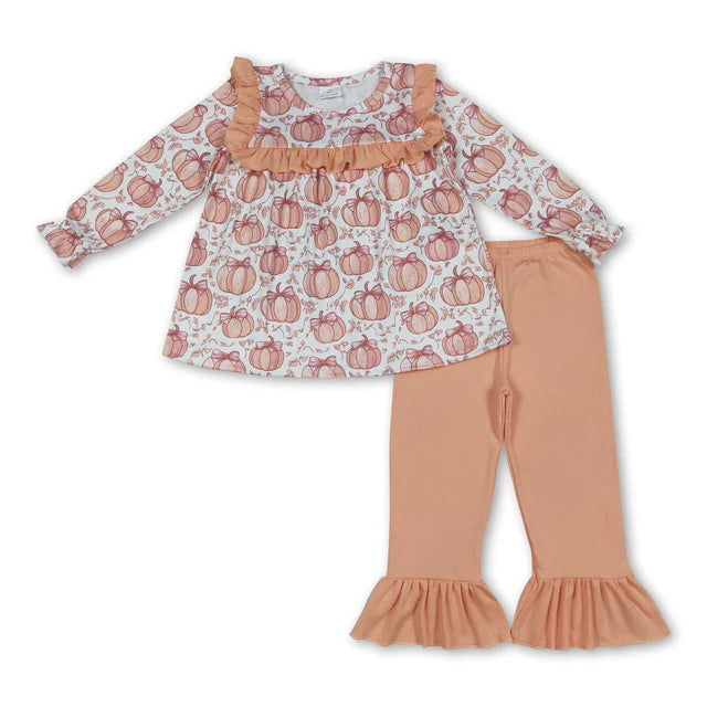 RTS NO MOQ Sibling milk silk Baby Girls Fall Bow Pumpkins Print Loose Tunic Top Ruffle Hem Pants Two Piece Clothes Sets