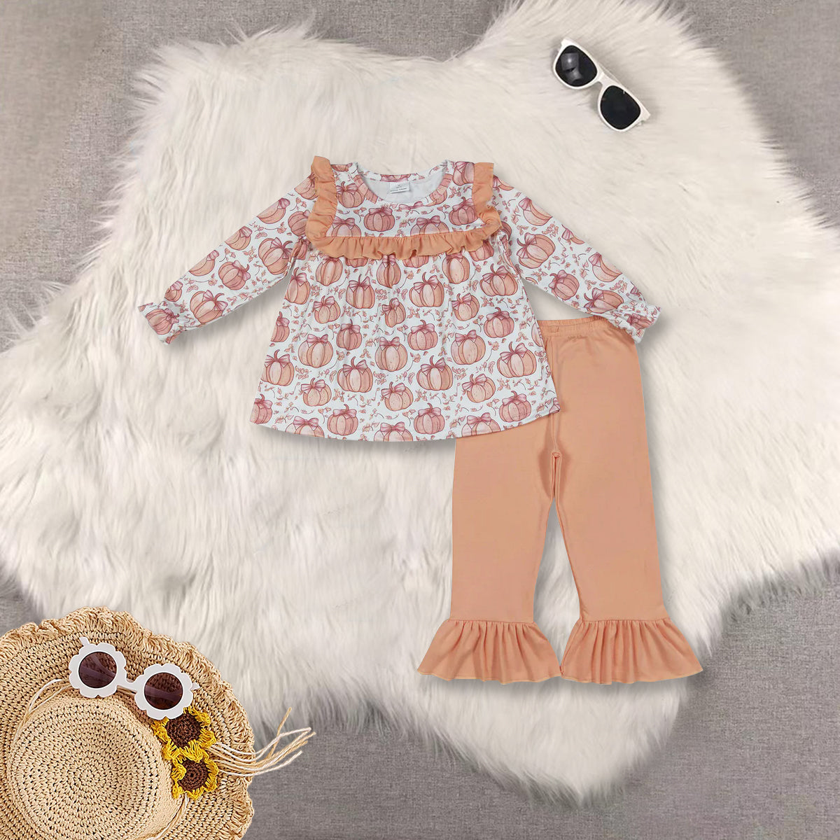 RTS NO MOQ Sibling Baby girl clothes hallowen pumpkin long-sleeved trousers suit & romper