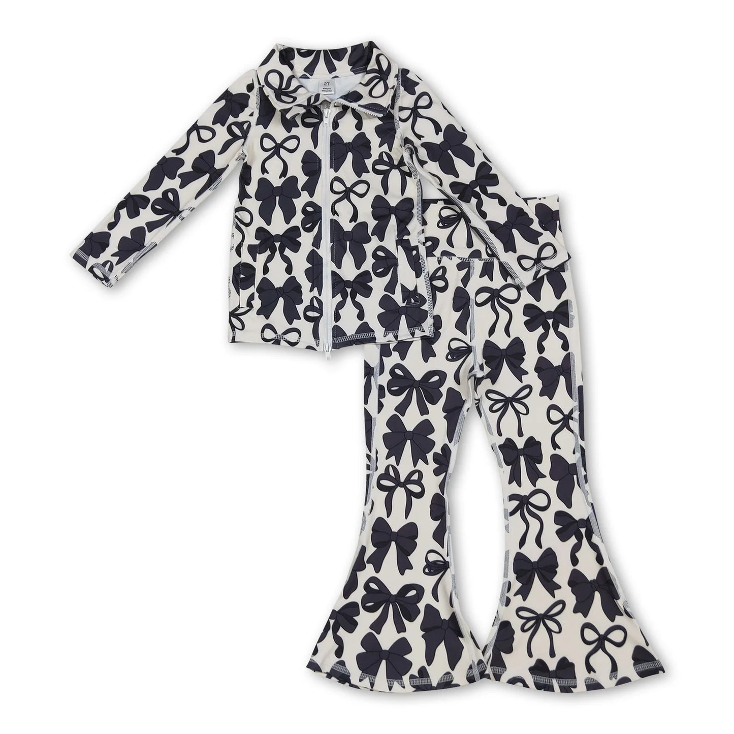 RTS NO MOQ Sibling yoga fabric Baby Girls Cute Bow Pocket Zipper Top Bell Bottom Pant Yoga Matching Set