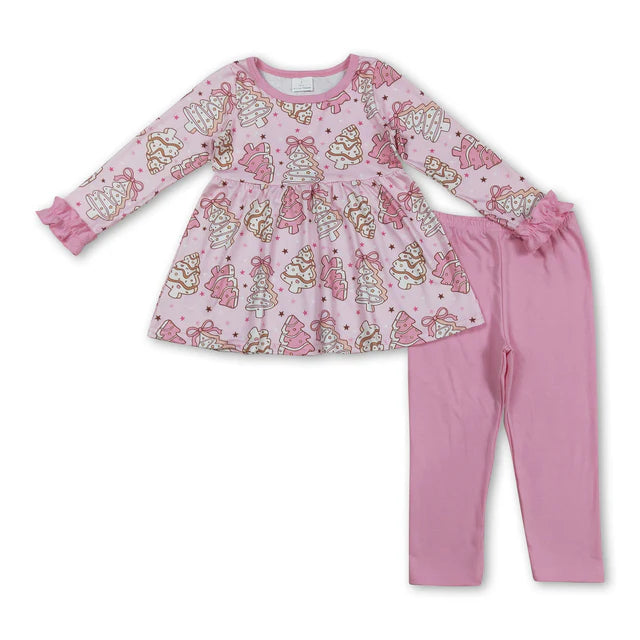 RTS NO MOQ Sibling Baby Girls Pink Stripe Trees Stars Bow Christmas Knee Ruffle Length Dresses Rompers