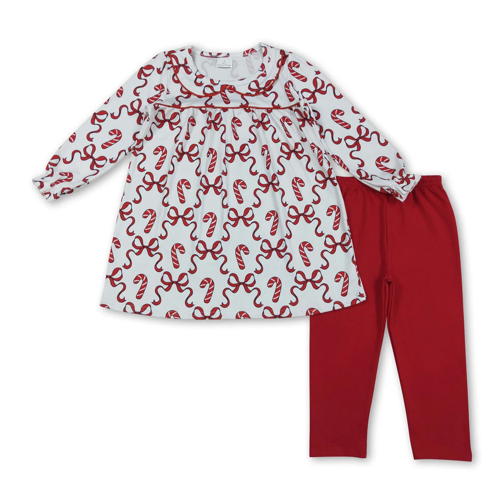 RTS NO MOQ Sibling milk silk Baby Girls Cute Tree Bow Tunic Ruffle Pants Holiday Set