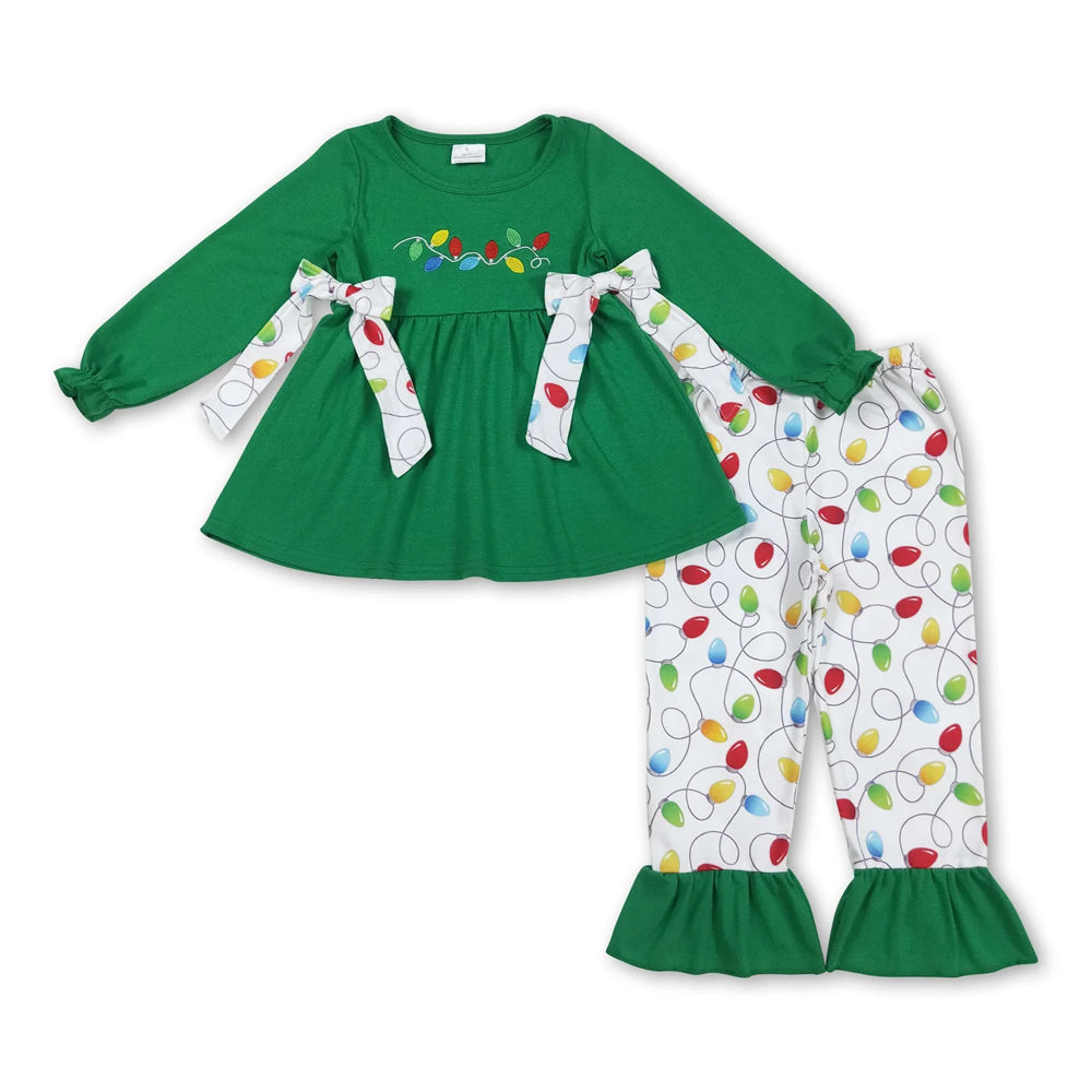 RTS NO MOQ Sibling milk silk Baby Girls Cute Tree Bow Tunic Ruffle Pants Holiday Set