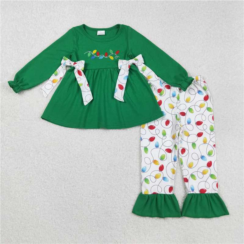 RTS NO MOQ Sibling milk silk Baby Girls Cute Tree Bow Long Sleeve Tunic Ruffle Pants Holiday Set