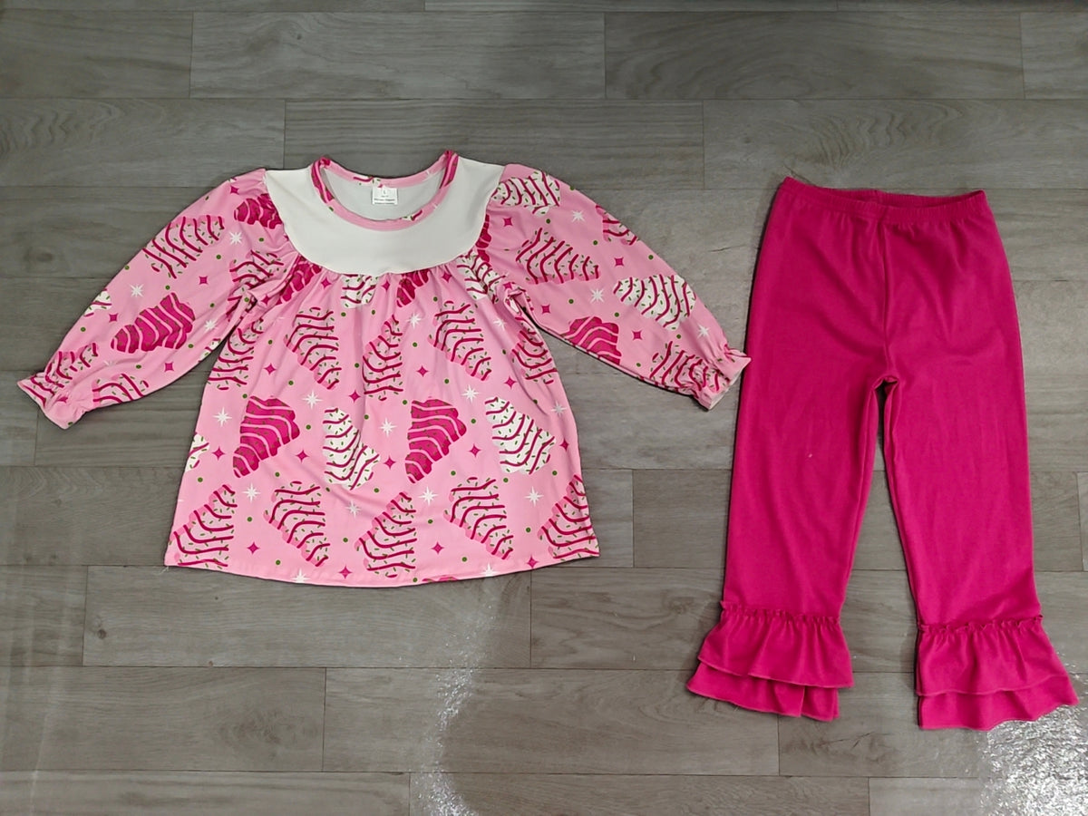 (Sample) No moq milk silk GLP2502 Baby Girls Pink Long Sleeves Stripe Trees Tunic Ruffle Pants Christmas Set