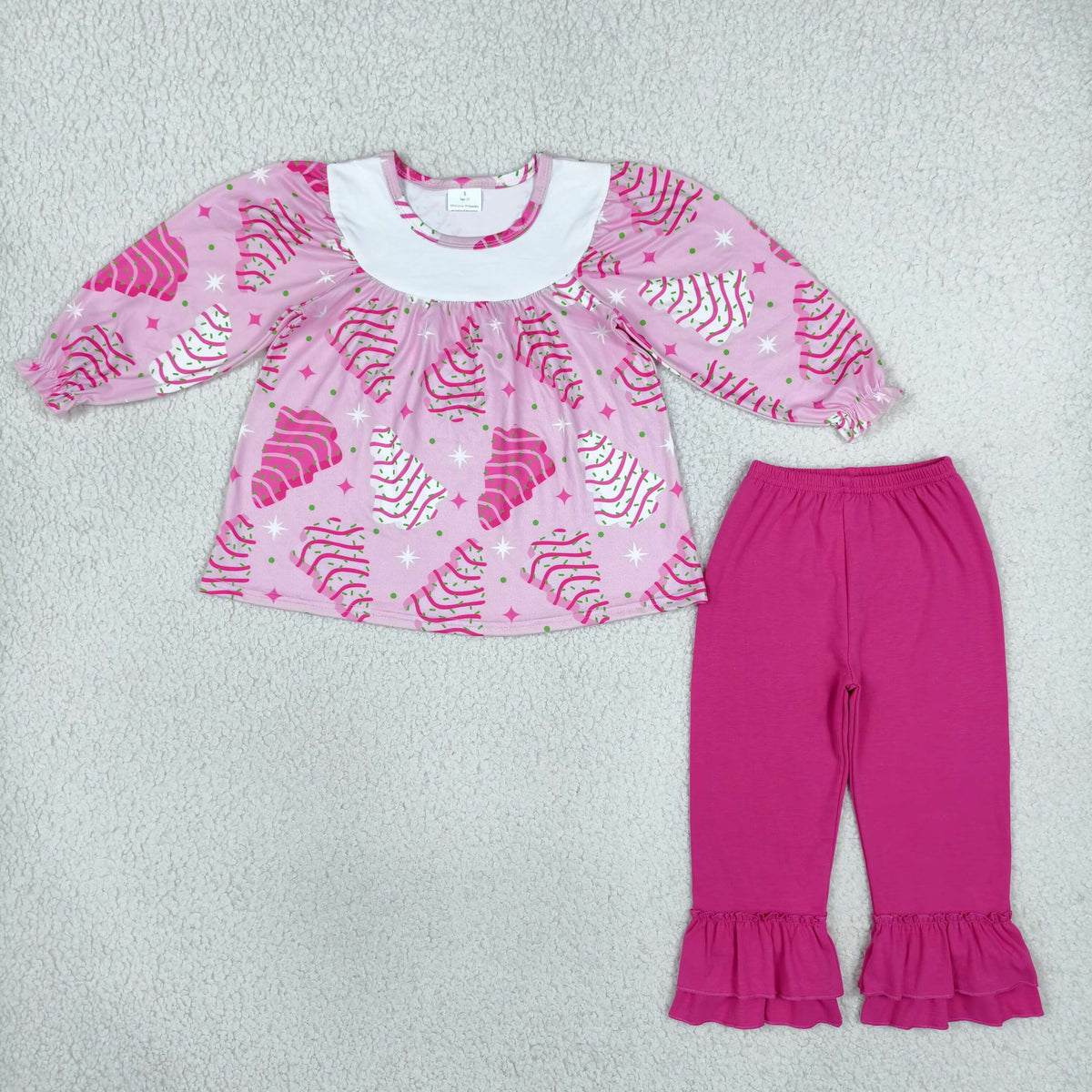 RTS NO MOQ Sibling milk silk Baby Girls Pink Christmas Tree Cake Print Long Sleeve Top And Ruffle Pant Set Romper