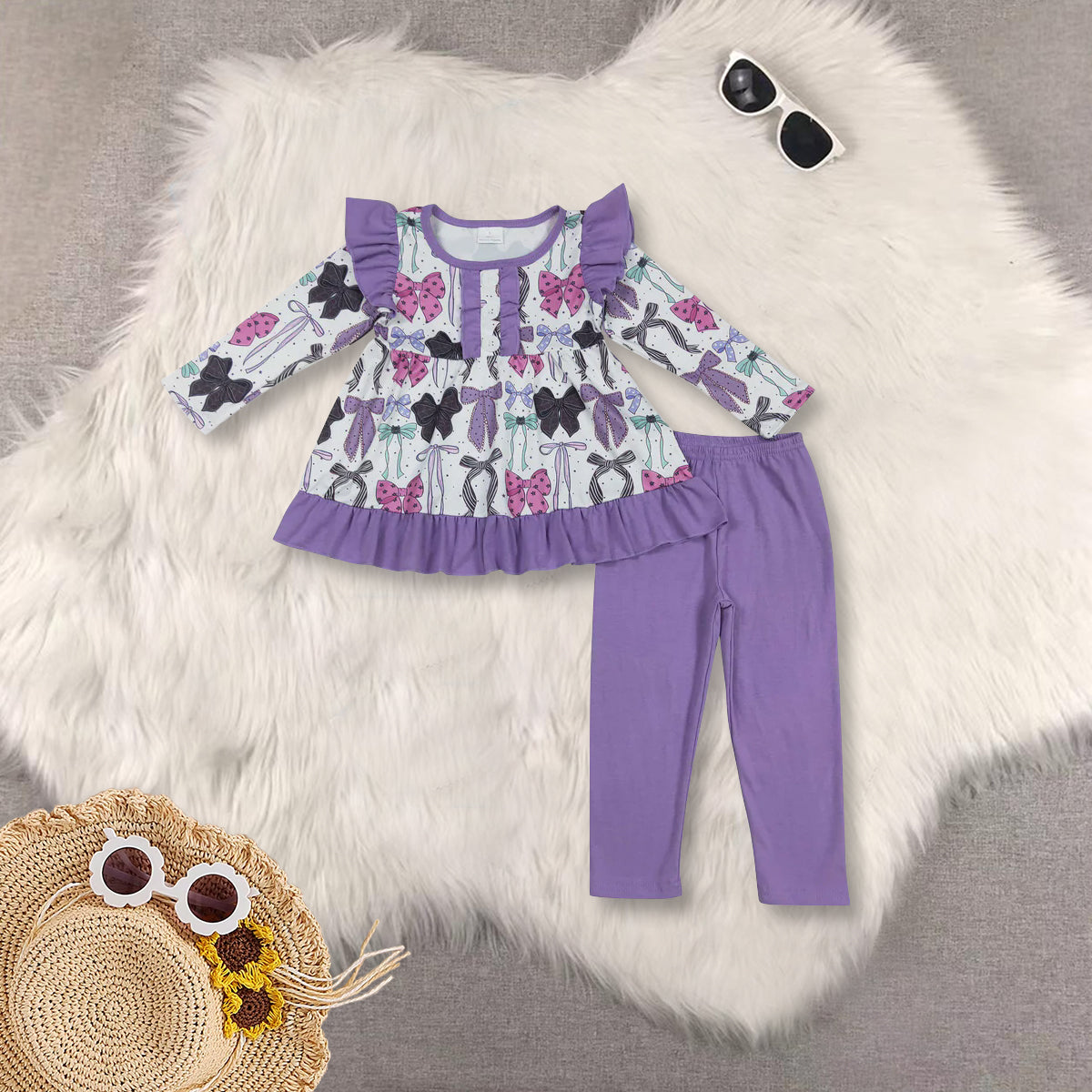 RTS NO MOQ Sibling Baby girls clothes Halloween bow purple long-sleeved trousers suit & rompers