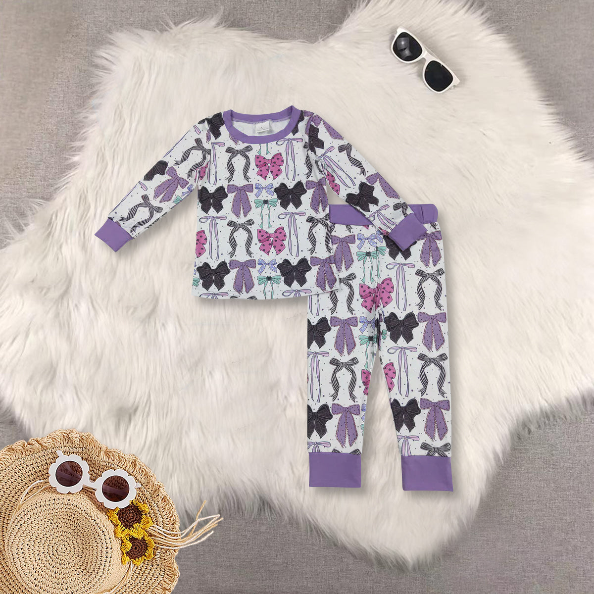 RTS NO MOQ Sibling Baby girls clothes Halloween bow purple long-sleeved trousers suit & rompers