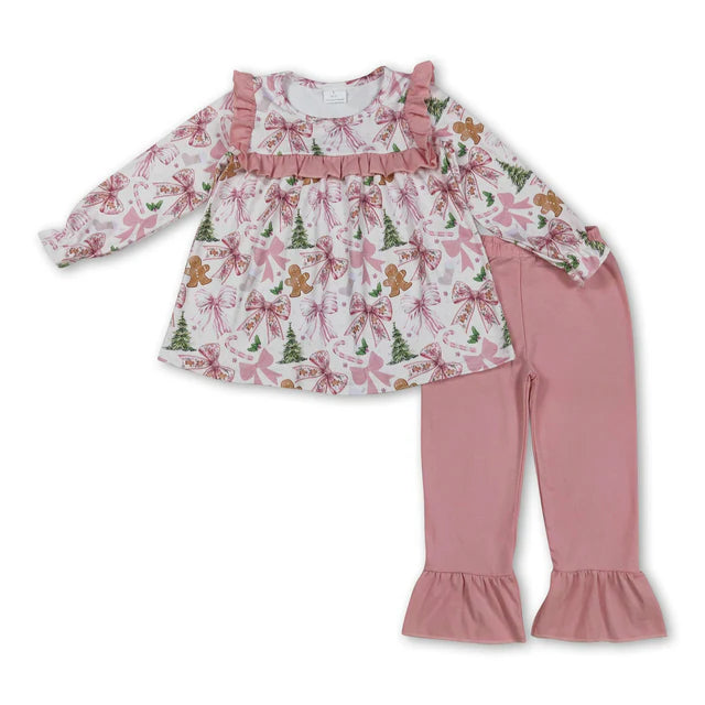 RTS NO MOQ Sibling milk silk Baby Girls Christmas Pink Santa Print Tunic Ruffle Pant Set