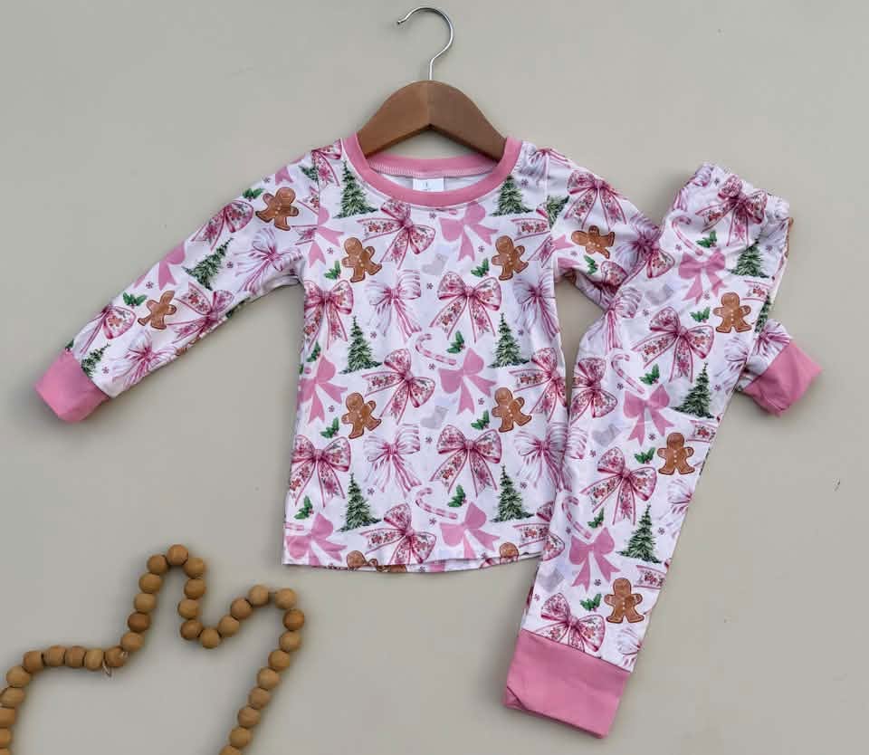 RTS NO MOQ Sibling milk silk Baby Girls Bow Print Top Pants Two Piece Christmas Clothes Set