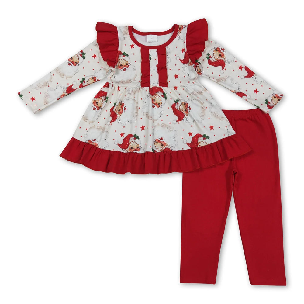 RTS NO MOQ Sibling milk silk Baby Girls Long Sleeve Christmas Tree Print Tunic Top And Ruffle Hem Pants Christmas Clothes Set