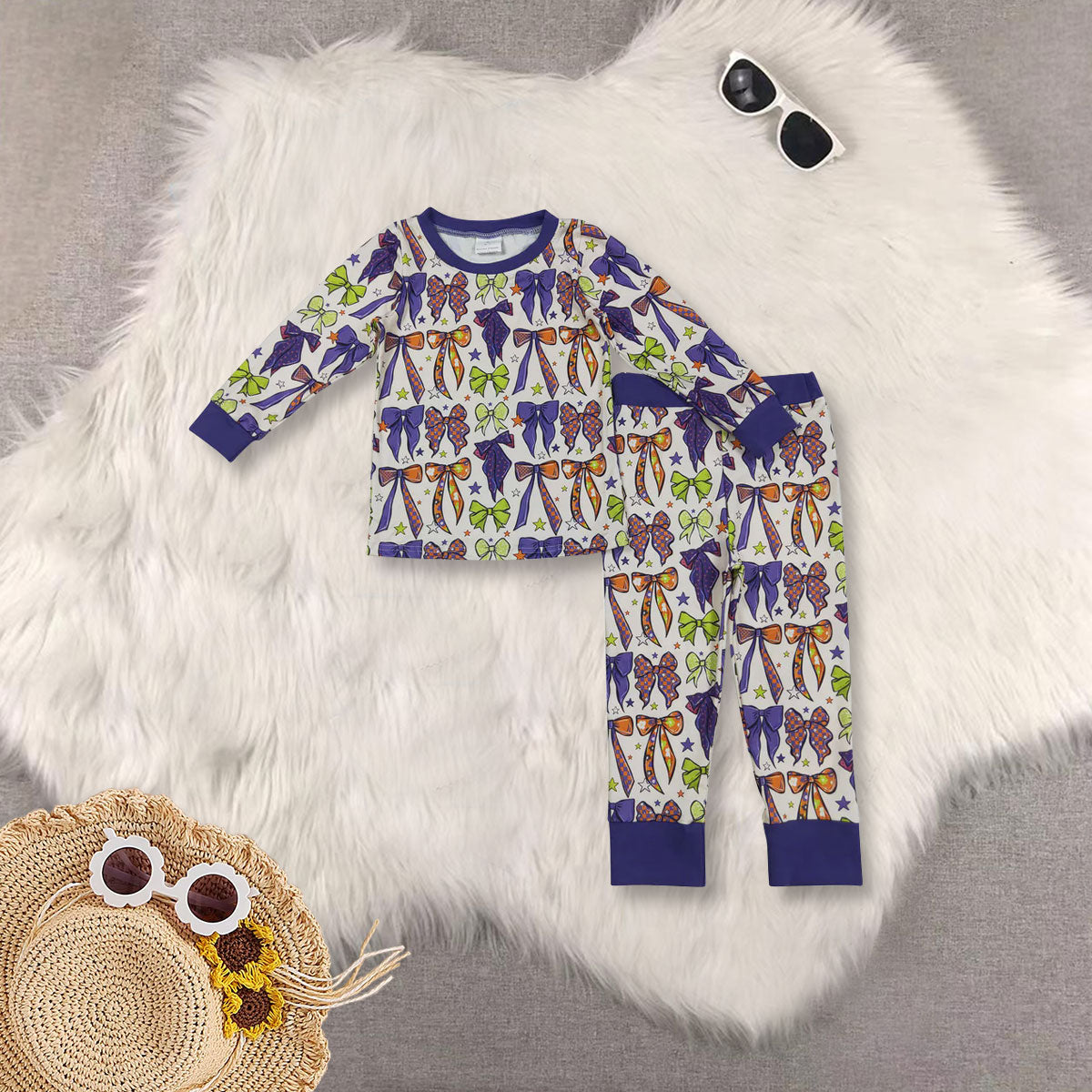 RTS NO MOQ Sibling Baby girl clothes bow long-sleeved trousers suits