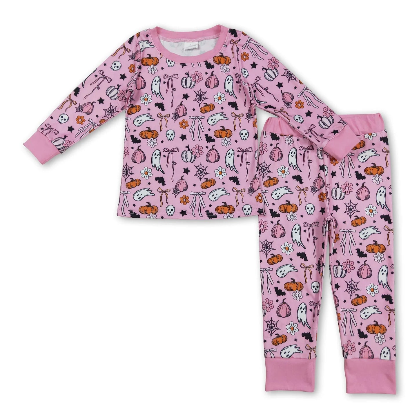 RTS NO MOQ Sibling milk silk Baby Girls Cute Colorful Bows Pumpkins Long Sleeve Top And Pants Fall Sleep Set