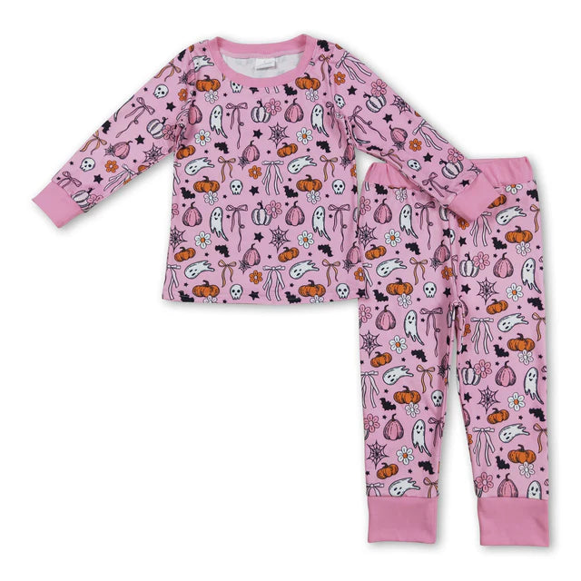 RTS NO MOQ Sibling milk silk Baby Girls Bows Pumpkins Print Long Sleeve Top Pants Two Piece Fall Pajamas Set