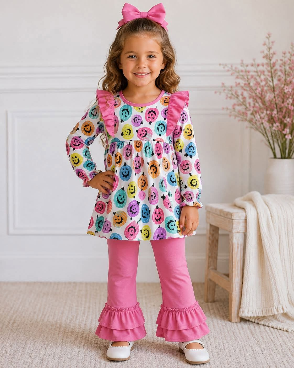 RTS NO MOQ（In Stock) GLP2569 Halloween Smiley Pumpkin Rose Lace White Long-Sleeved Pants Set