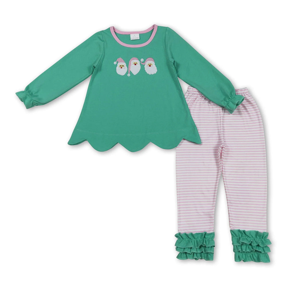 RTS NO MOQ Sibling milk silk Baby Girls Long Sleeve Christmas Tree Print Tunic Top And Ruffle Hem Pants Christmas Clothes Set