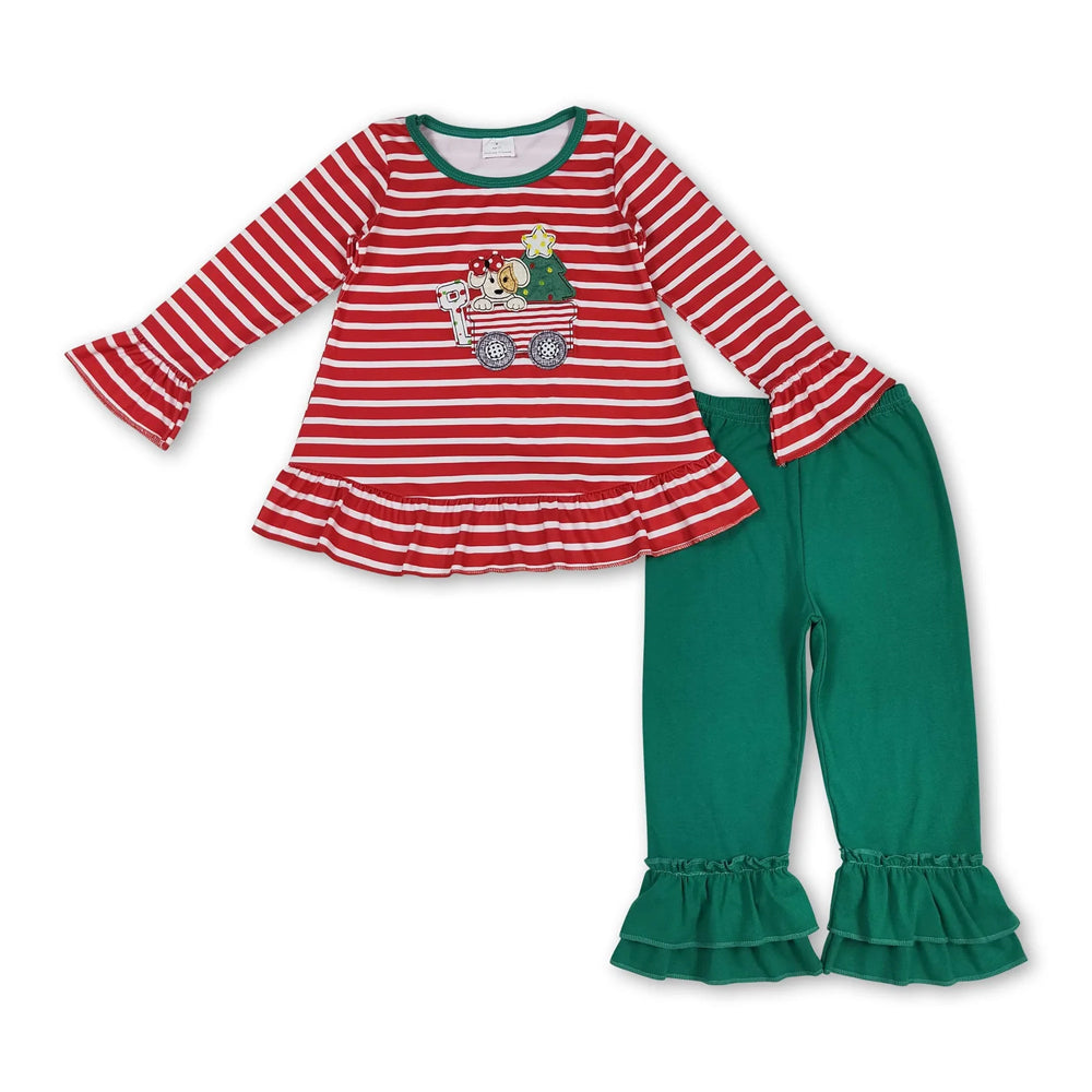 RTS NO MOQ Sibling milk silk Baby Girls Long Sleeve Christmas Tree Print Tunic Top And Ruffle Hem Pants Christmas Clothes Set