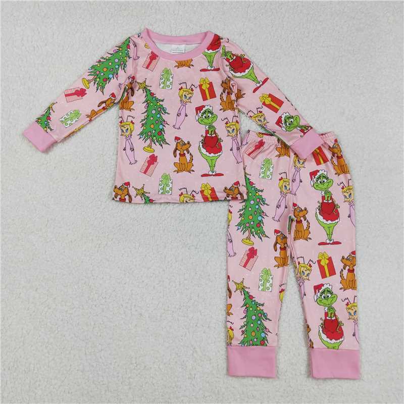RTS NO MOQ Sibling milk silk Baby Girls And Boys Christmas Pajamas Cute Holiday Print Long Sleeve Sleep Set