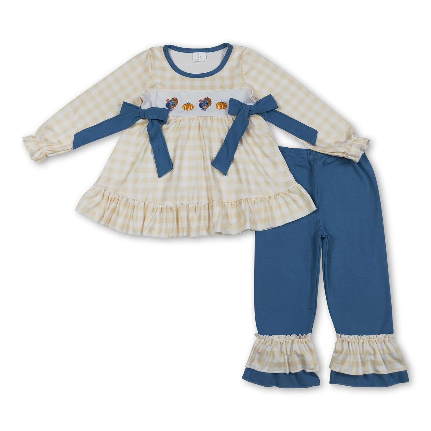 RTS NO MOQ Sibling milk silk Baby Girls And Boys Cute Embroidery Turkey And Pumpkins Plaid Pants Thanksgiving Clothes Set Rompers