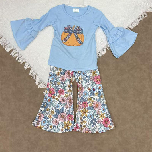 RTS NO MOQ（In Stock) GLP2596 Embroidered Flower and Bow Pattern Pumpkin Blue Long-Sleeved Pants Set
