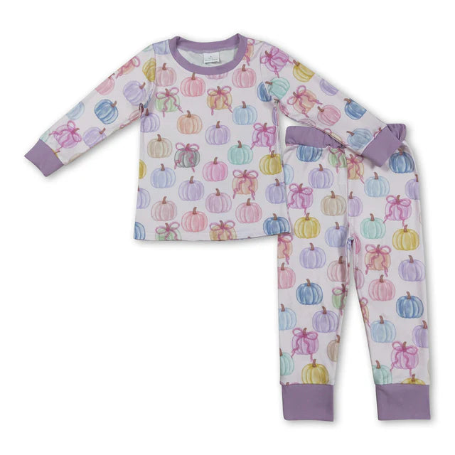 RTS NO MOQ Sibling milk silk Baby Girls Bows Pumpkins Print Long Sleeve Top Pants Two Piece Fall Pajamas Set