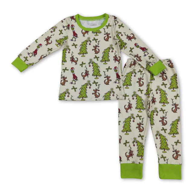 RTS NO MOQ Sibling milk silk Baby Girls Boots Holly Top And Pants Christmas Pajamas Sets