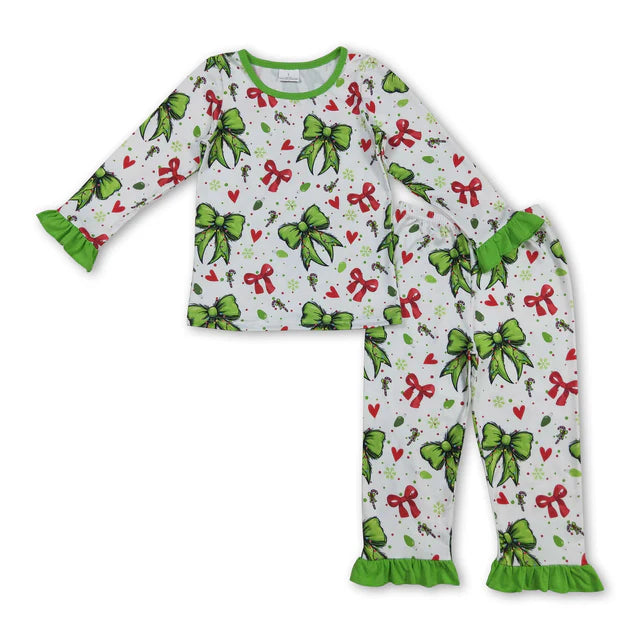 RTS NO MOQ Sibling milk silk Baby Girls Green Christmas Trees Print Top Ruffle Pant Pajamas Set