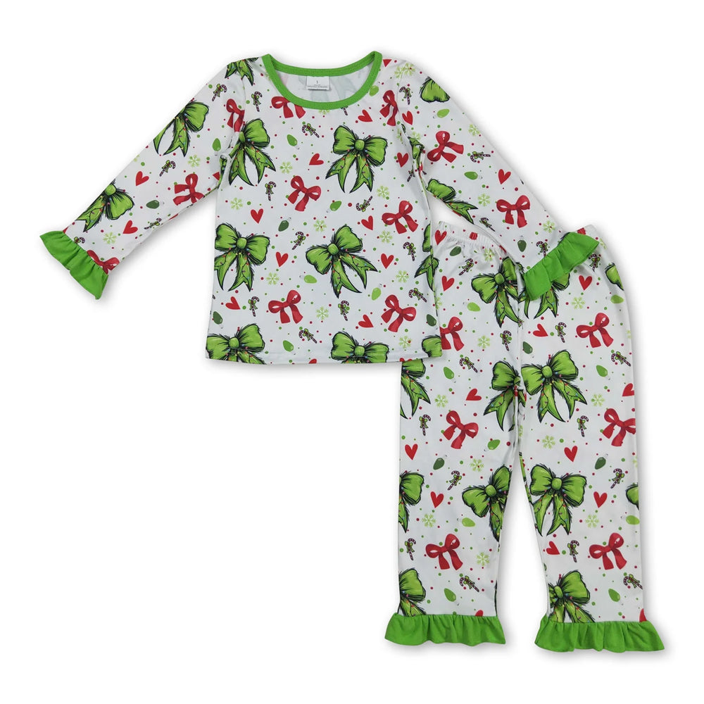 RTS NO MOQ Sibling milk silk Baby Girls Red Bow Santa Print Checked Top Pants Two Piece Christmas Clothes Set