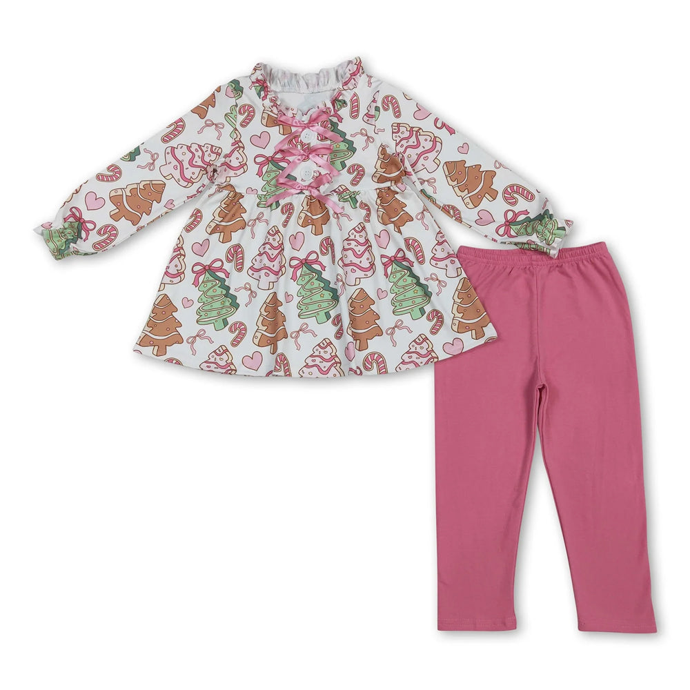 RTS NO MOQ Sibling milk silk Baby Girls Long Sleeve Christmas Tree Print Tunic Top And Ruffle Hem Pants Christmas Clothes Set