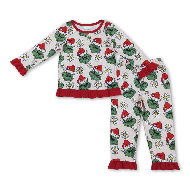 RTS NO MOQ Sibling milk silk Baby Girls Green Christmas Trees Print Top Ruffle Pant Pajamas Set