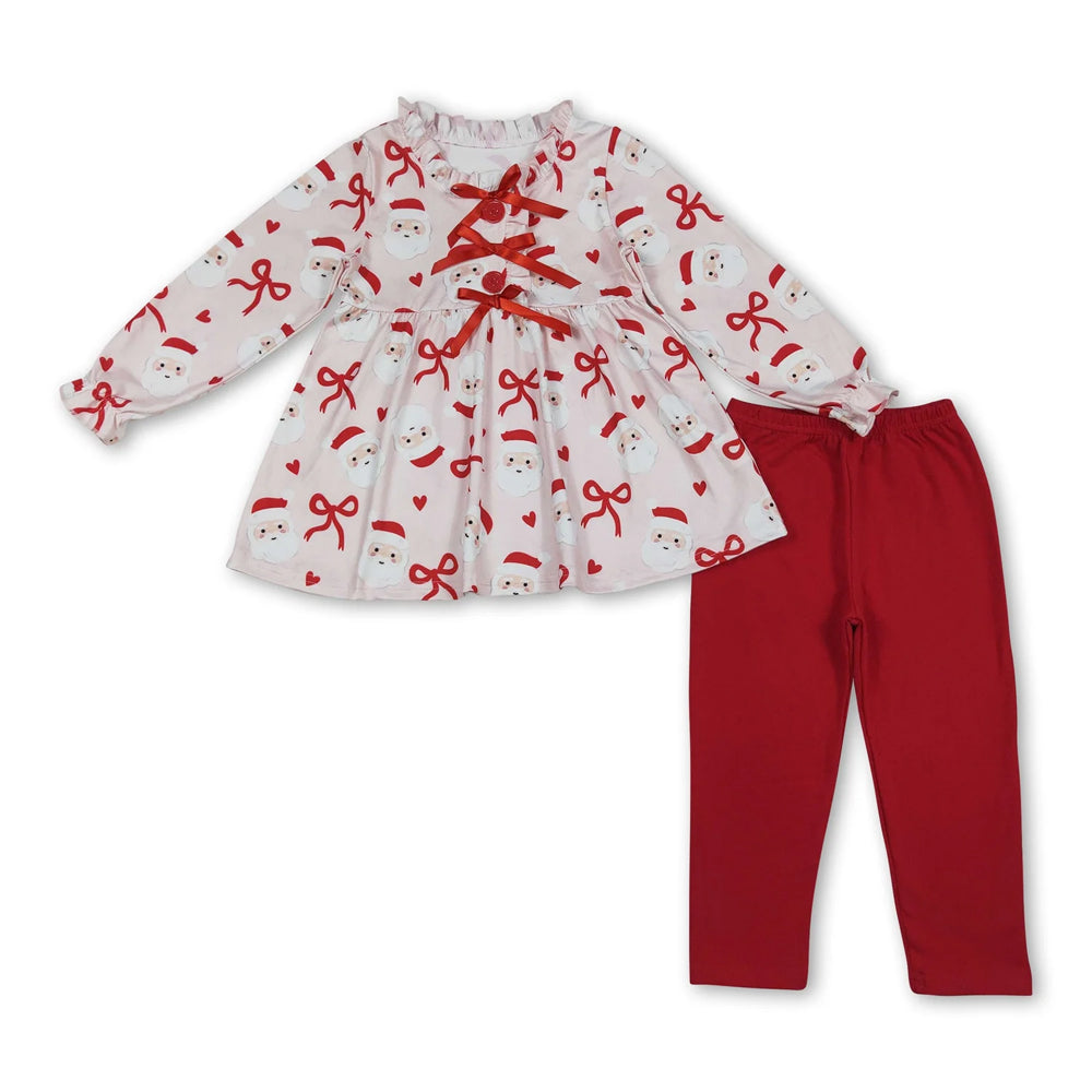 RTS NO MOQ Sibling milk silk Baby Girls Long Sleeve Christmas Tree Print Tunic Top And Ruffle Hem Pants Christmas Clothes Set