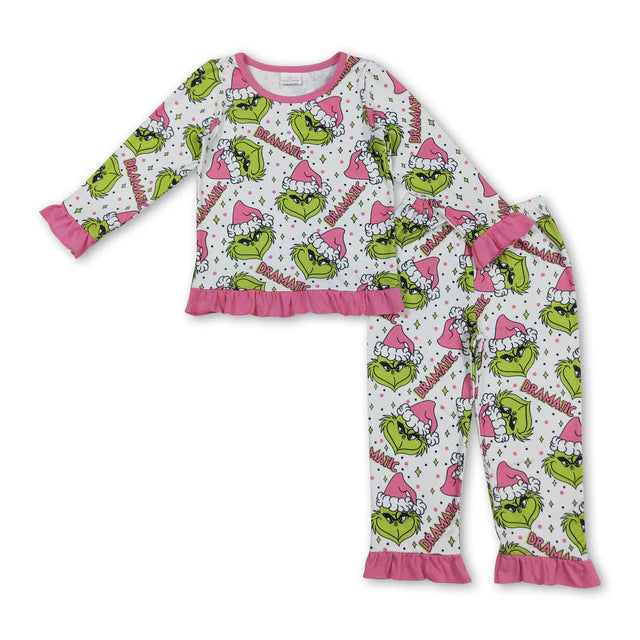 RTS NO MOQ Sibling milk silk Baby Girls Green Christmas Trees Print Top Ruffle Pant Pajamas Set